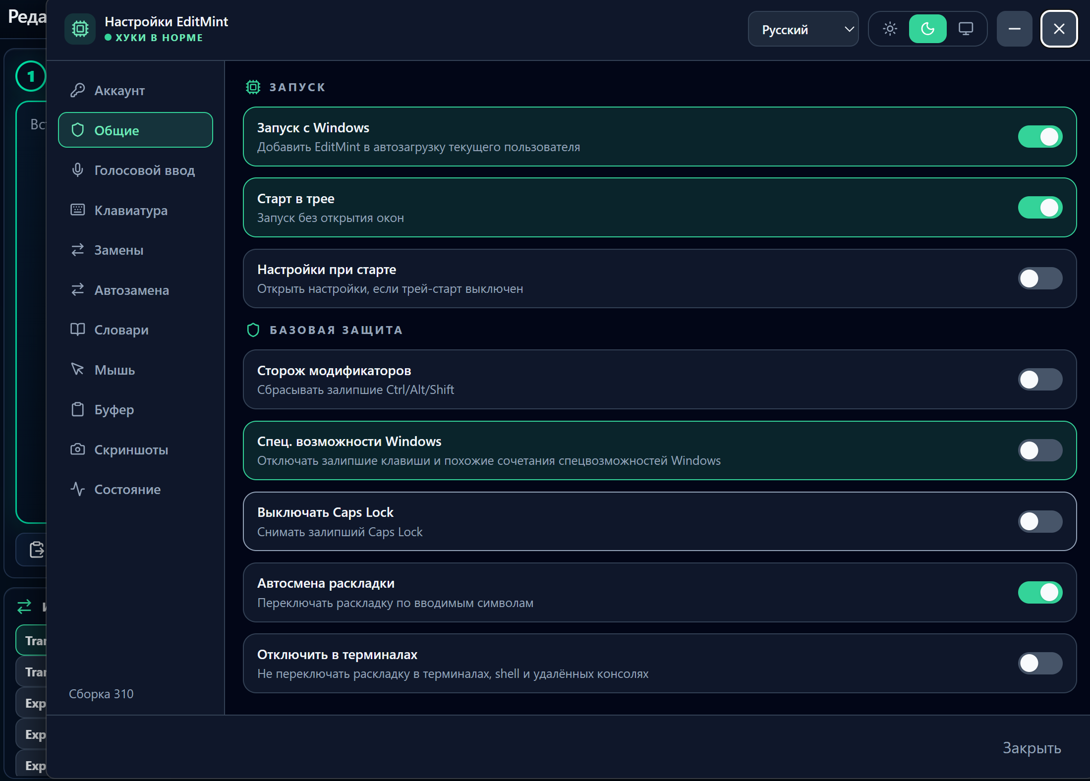 Окно настроек EditMint с автозапуском, защитой клавиш и автозаменой раскладки