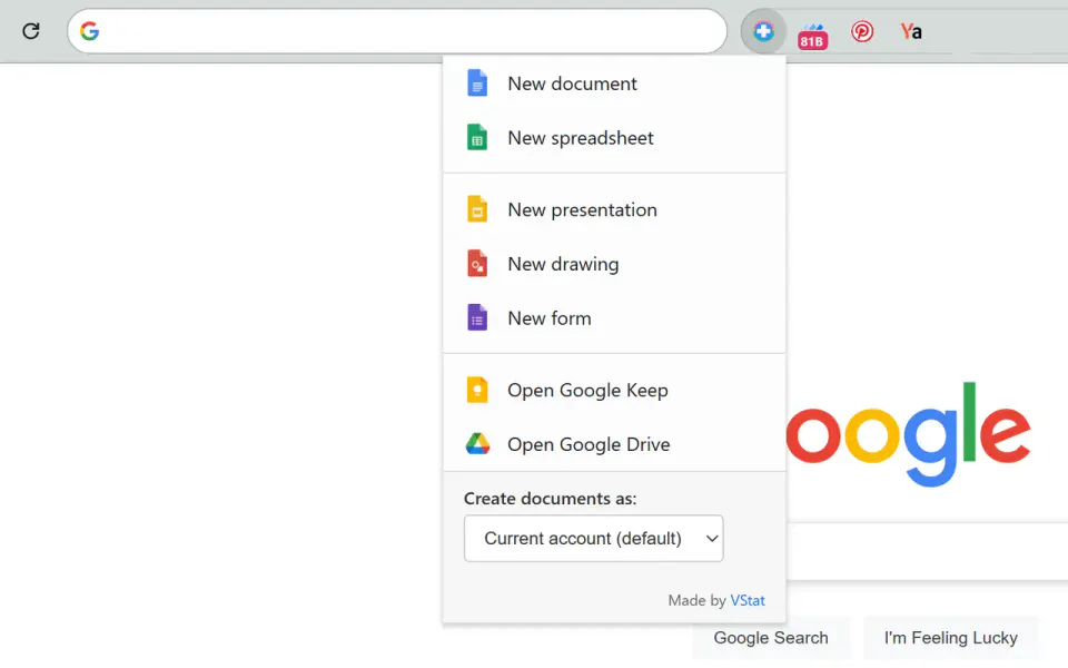 Меню Google Docs Create с быстрым созданием файлов Google