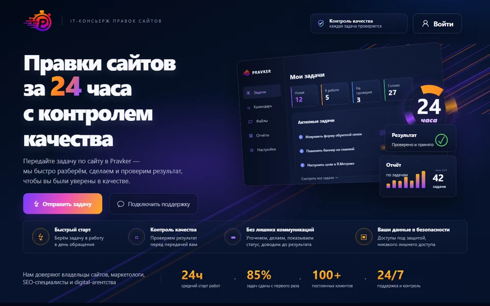 Главная страница Pravker с задачами по правкам сайтов и контролем качества
