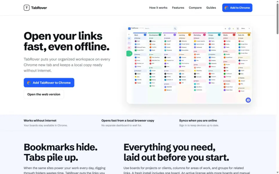 Главный экран TabRover с группами ссылок на новой вкладке Chrome